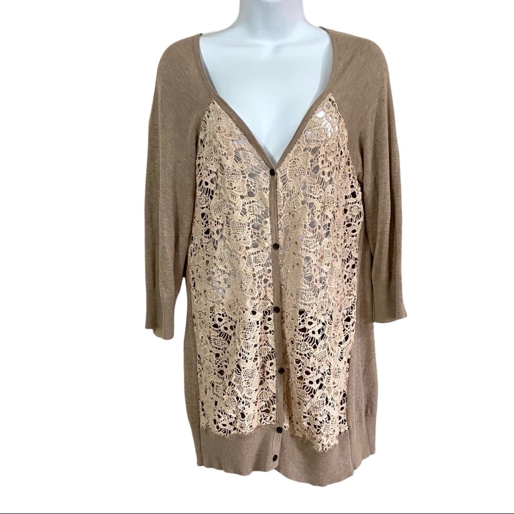 Tan Light Cotton Cardigan Medium Lace Crochet Lightweight Sequins V-Neck